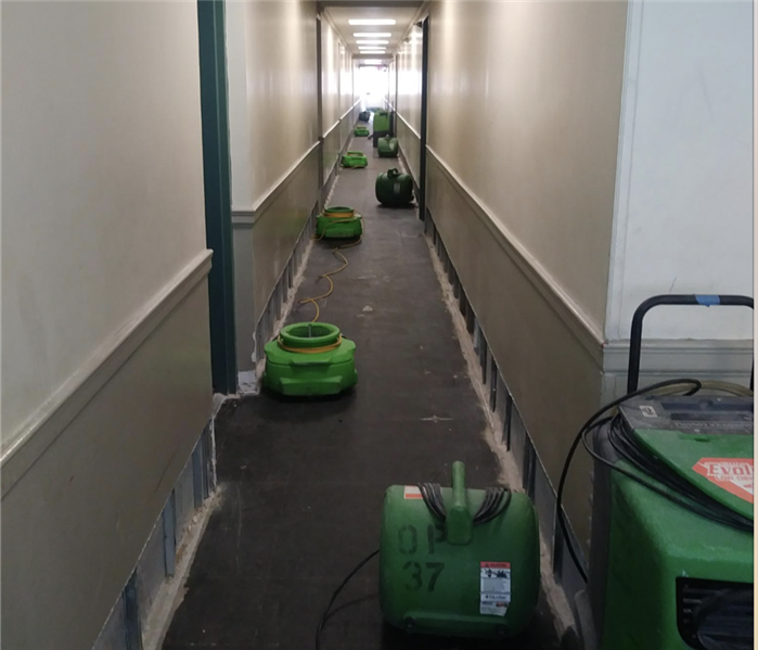 Hallway with rows of green drying equipment up and running.